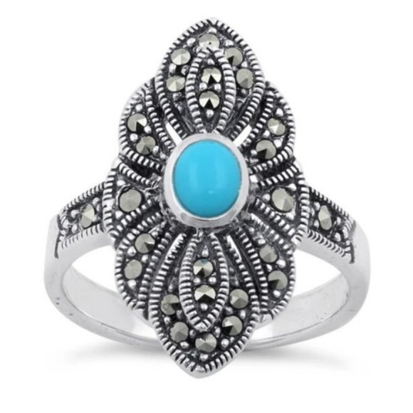 925 STERLING SILVER Simulated Turquoise Marcasite Ring - Picture 12 of 15
